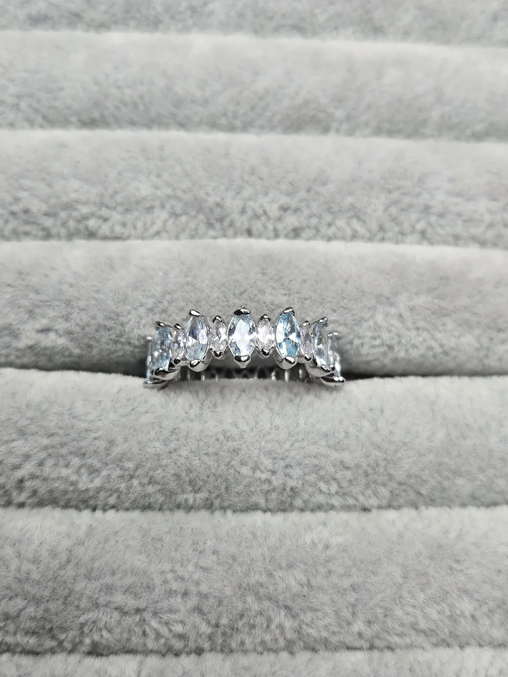 Size 7 Aquamarine Cubic Zirconia Eternity Ring Rhodium Plating Bomb Party
